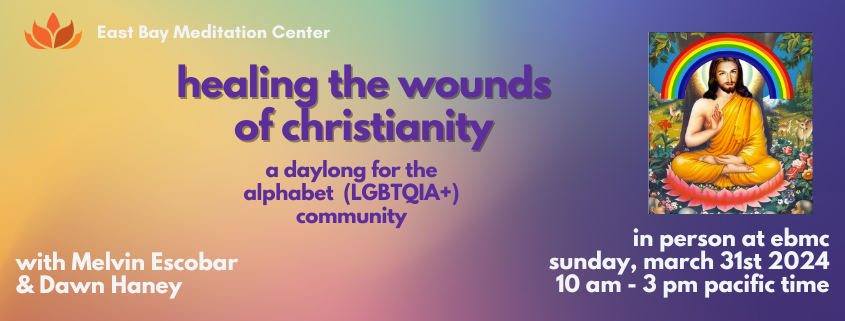 Promotional graphic, with a muted multicolor background. On the right is an image of Jesus seated in lotus position, with a rainbow arched over him. The text gives the name and day and time information of the event.