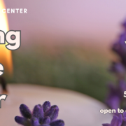 Background image of a candle flame on the left side with small purple flowers on the bottom and the right side. Text says: Grieving While Queer. An online series with Tania Triana and Ream. Mondays, May 16, 23, and 30. 5:15 to 6:45 PM Pacific Time. Open to all who self-identify as queer.