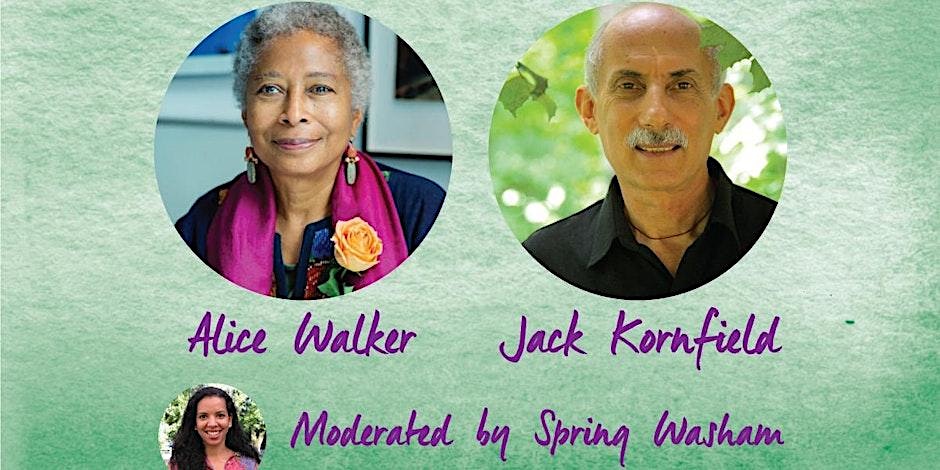 Photos of Alice Walker and Jack Kornfield, with purple text on light green background