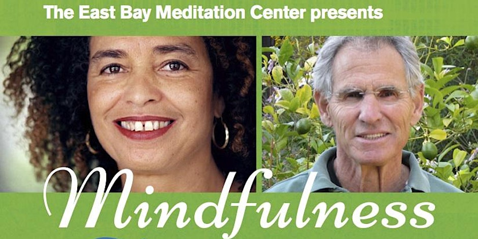 Images of Angela Davis and Jon Kabat-Zinn with white text on green background