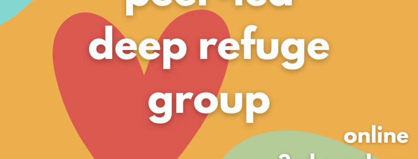 Multicolored background of orange, blue, red, green, and coral flowy shapes. White text reads: EBMC. Kapwa peer-led deep refuge group. Online, 3rd Sundays, 9-10:30am Pacific Time. For practitioners who identity as Filipinx/a/o.