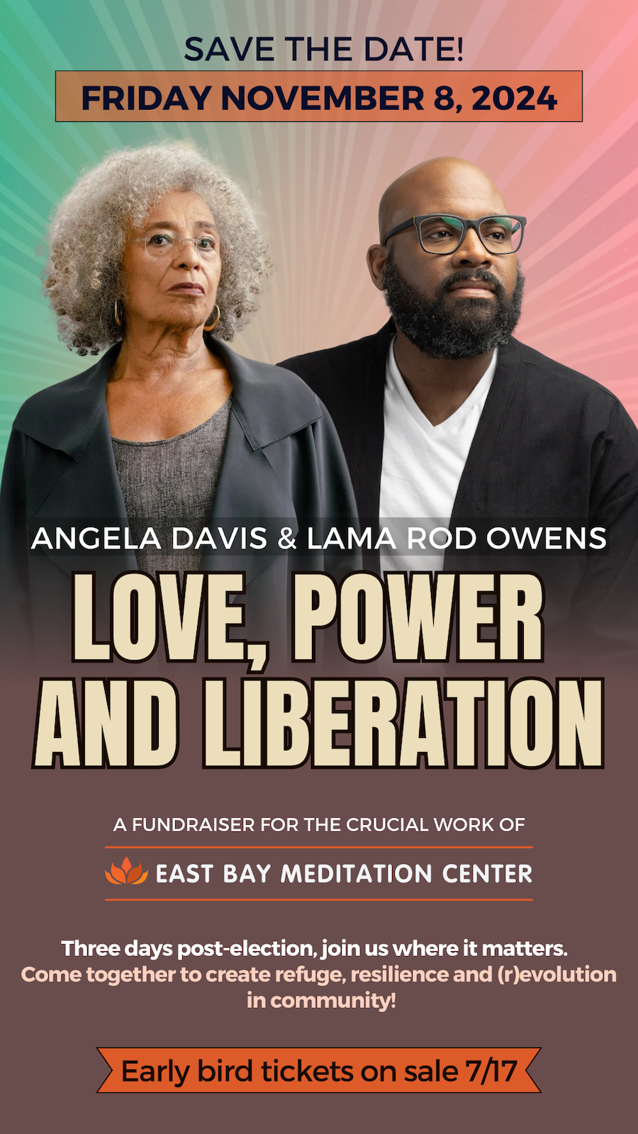 Angela Davis and Lama Rod Owens against a multicolored background with text underneath