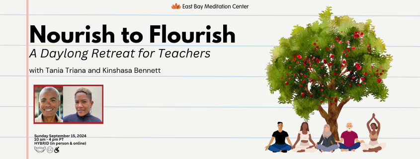 Event graphic showing an illustration of an apple tree with people sitting in meditation underneath